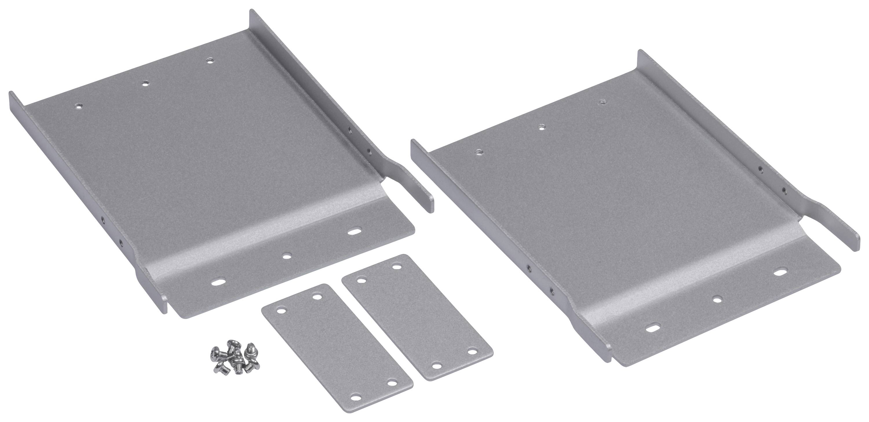 Two silver metal brackets and screws, likely mounting hardware for 2.5-inch drive bays in computer cases.