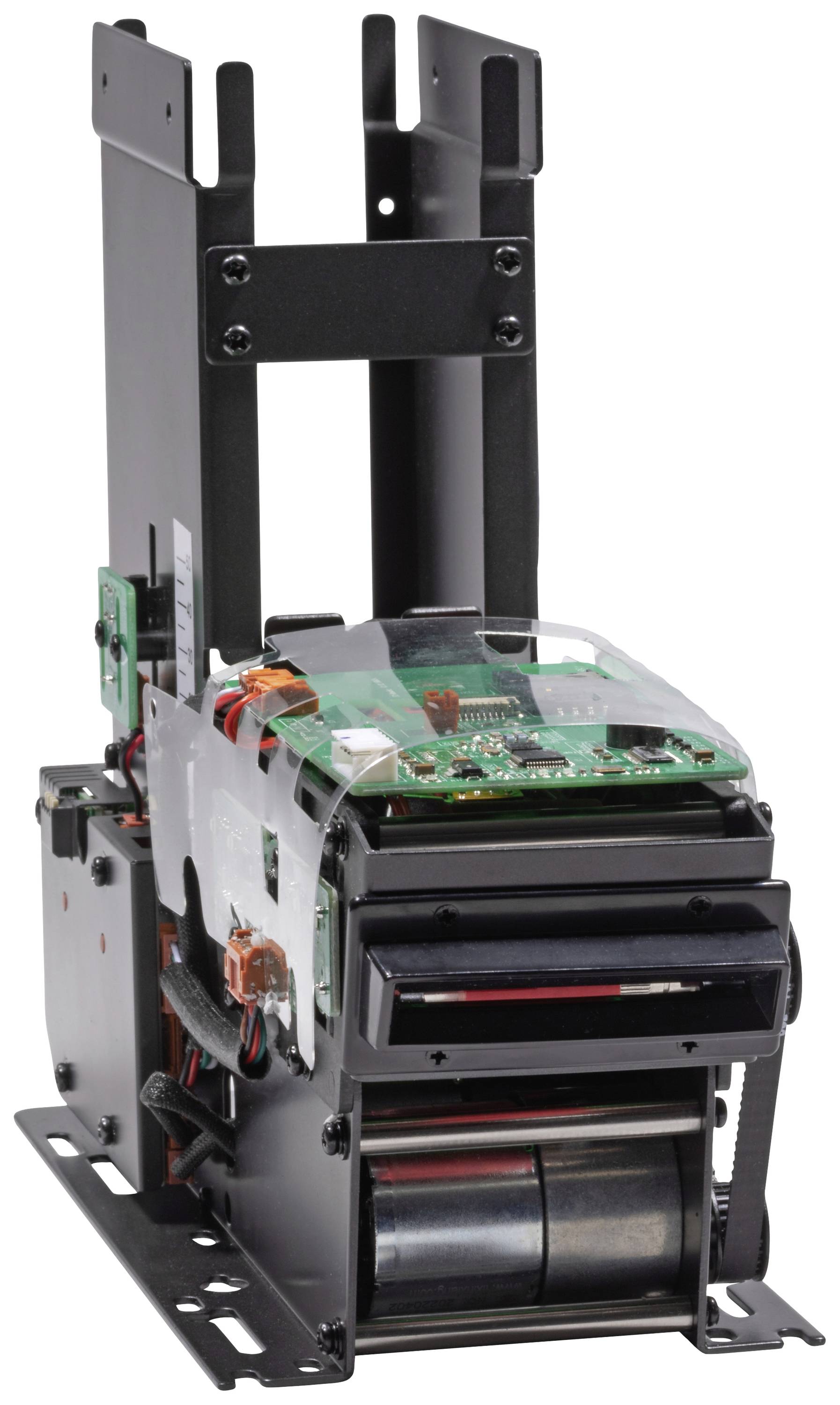 Black technical device with multiple components and circuit boards.