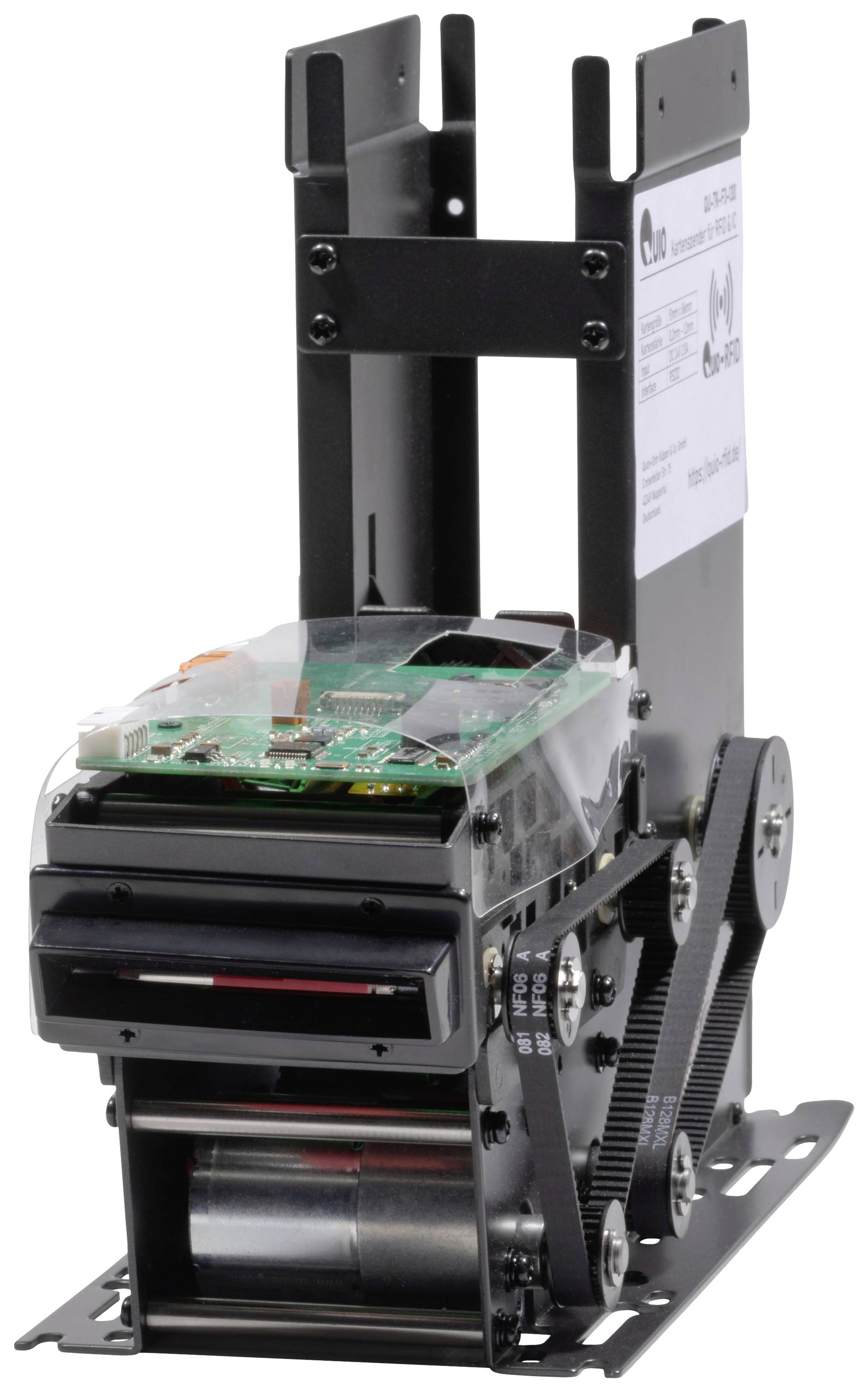 A mechanical component with belts and gears, potentially part of a printing or transport device, on a white background.