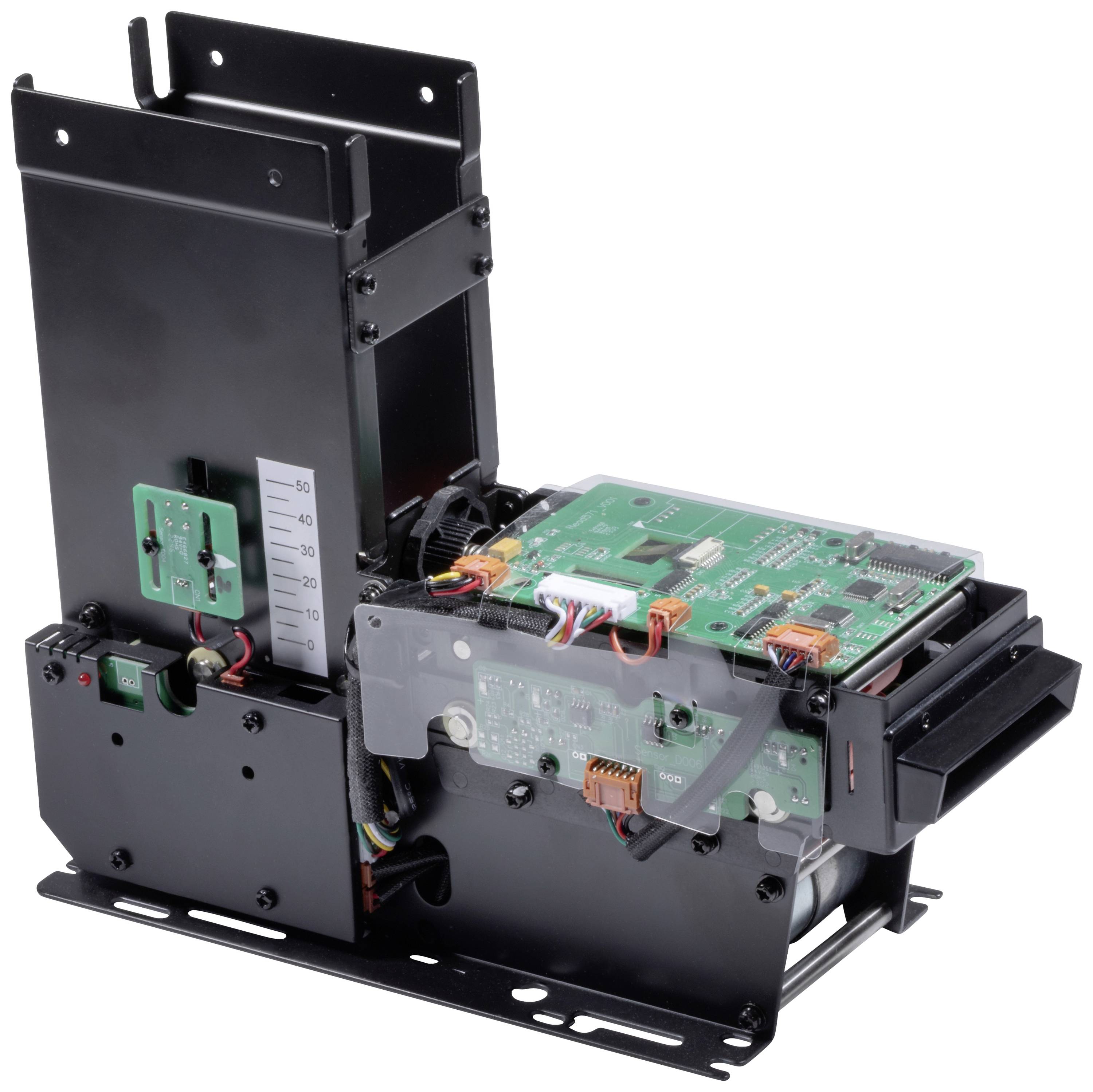 A black technical device with electronic circuits and cables, mounted on a metal bracket, viewed from the side.