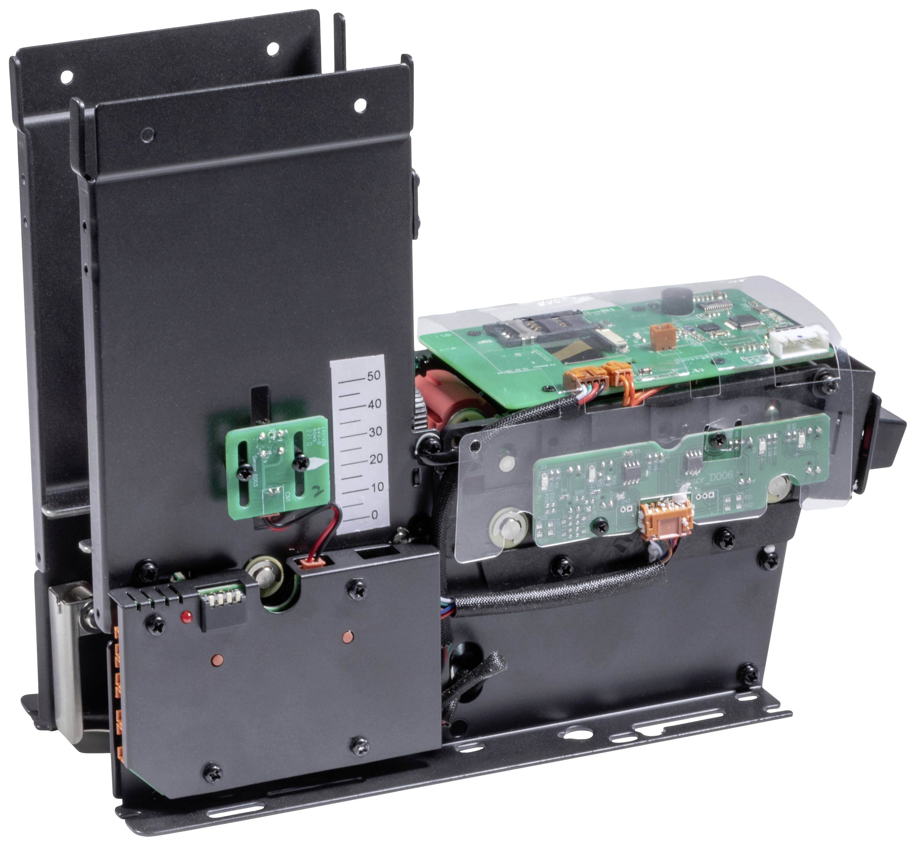 A black electronic device with visible circuit boards and circuits, likely part of a larger system or machine.