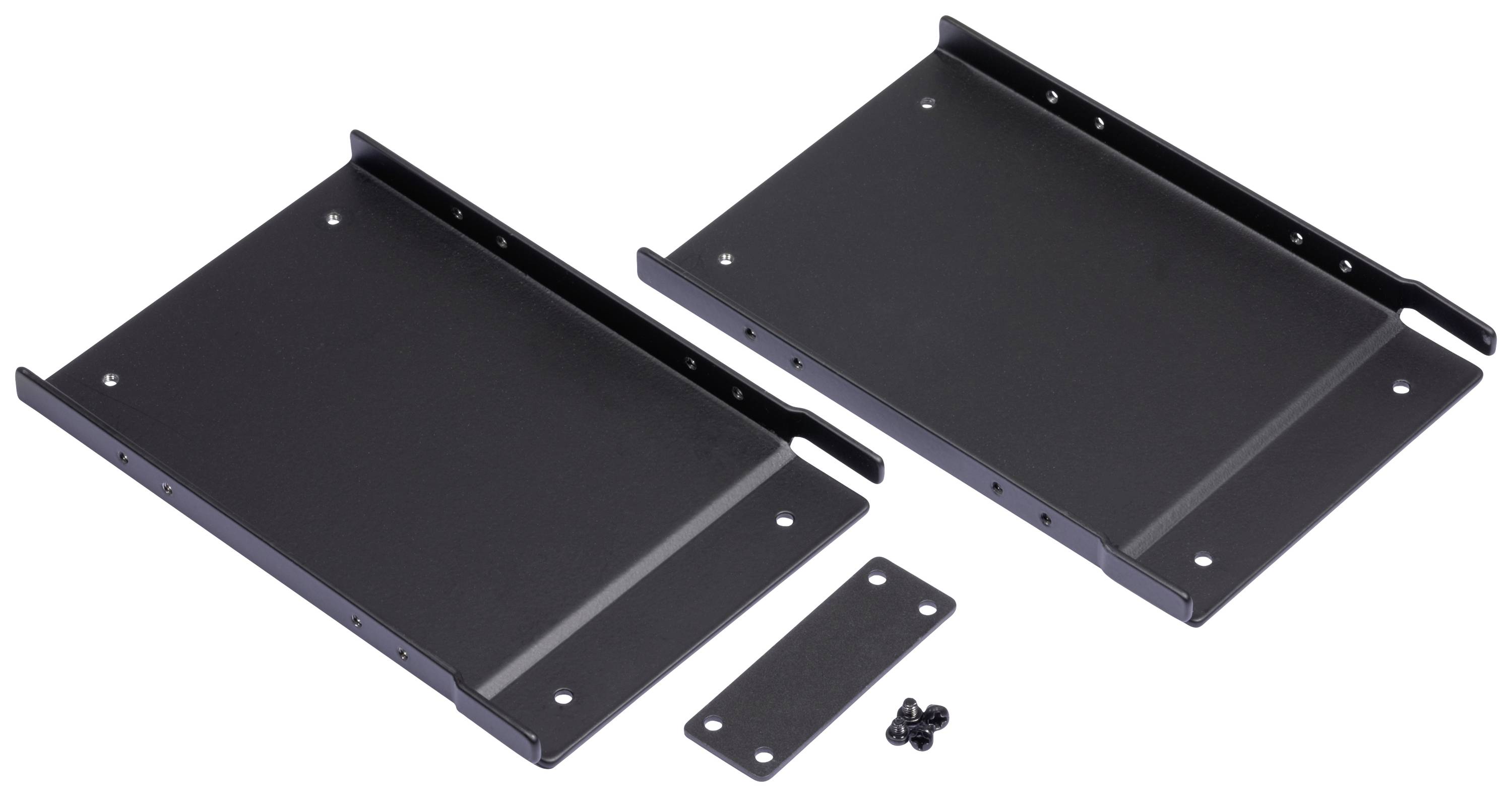 Two black metal mounting plates for device installation, with fixing screws. Suitable for rack mounting systems.