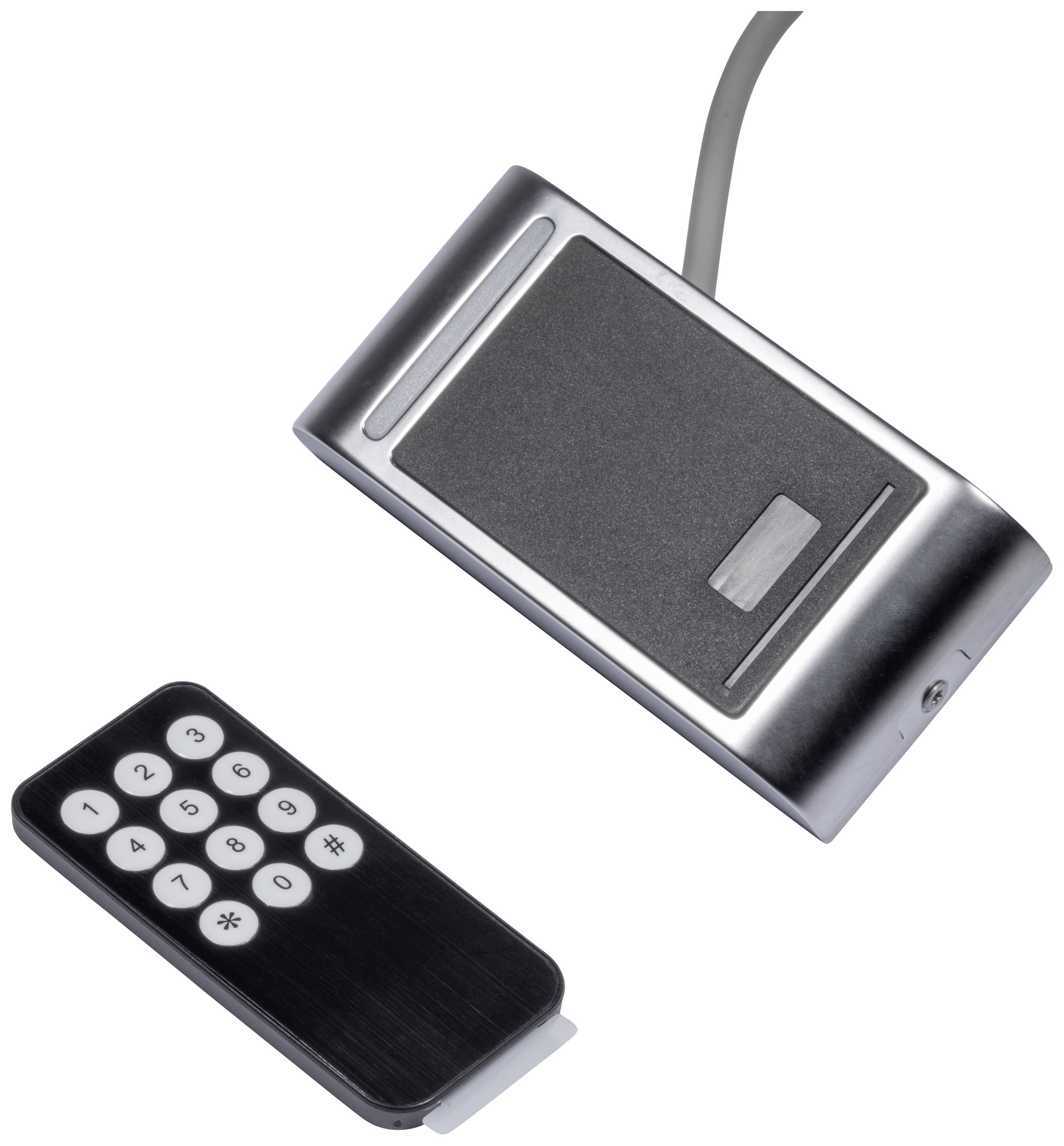 An electronic access control system with a rectangular card reader and a numeric remote control with buttons from 0 to 9.
