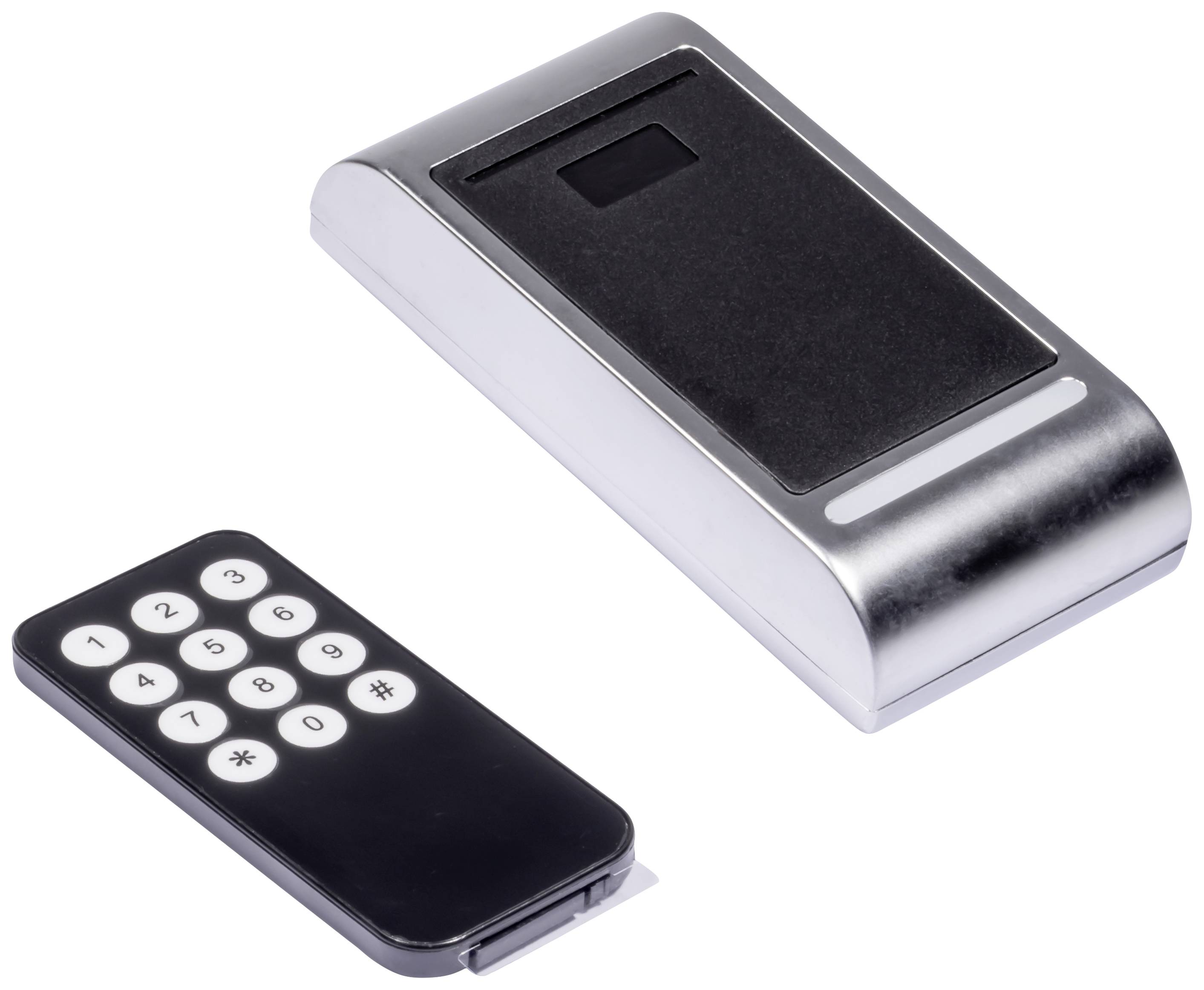Black remote control with number keys next to a flat, silver card reader.