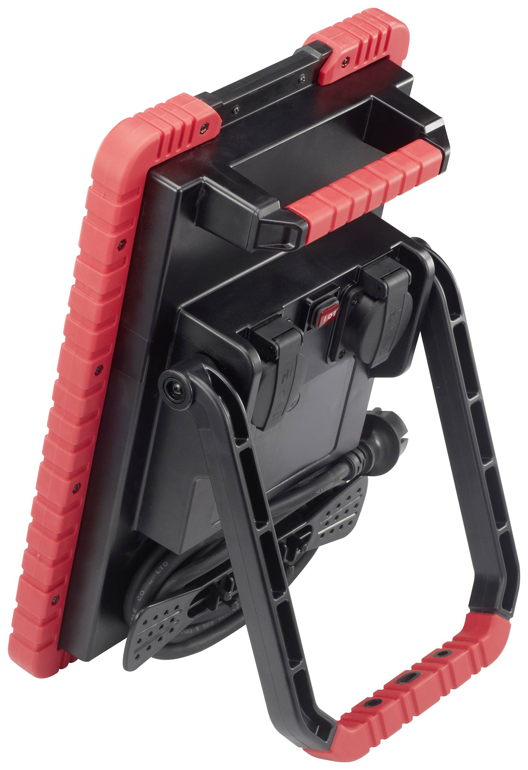 A foldable, black and red tool holder with a handle that stands upright. Designed for the practical transportation of tools.