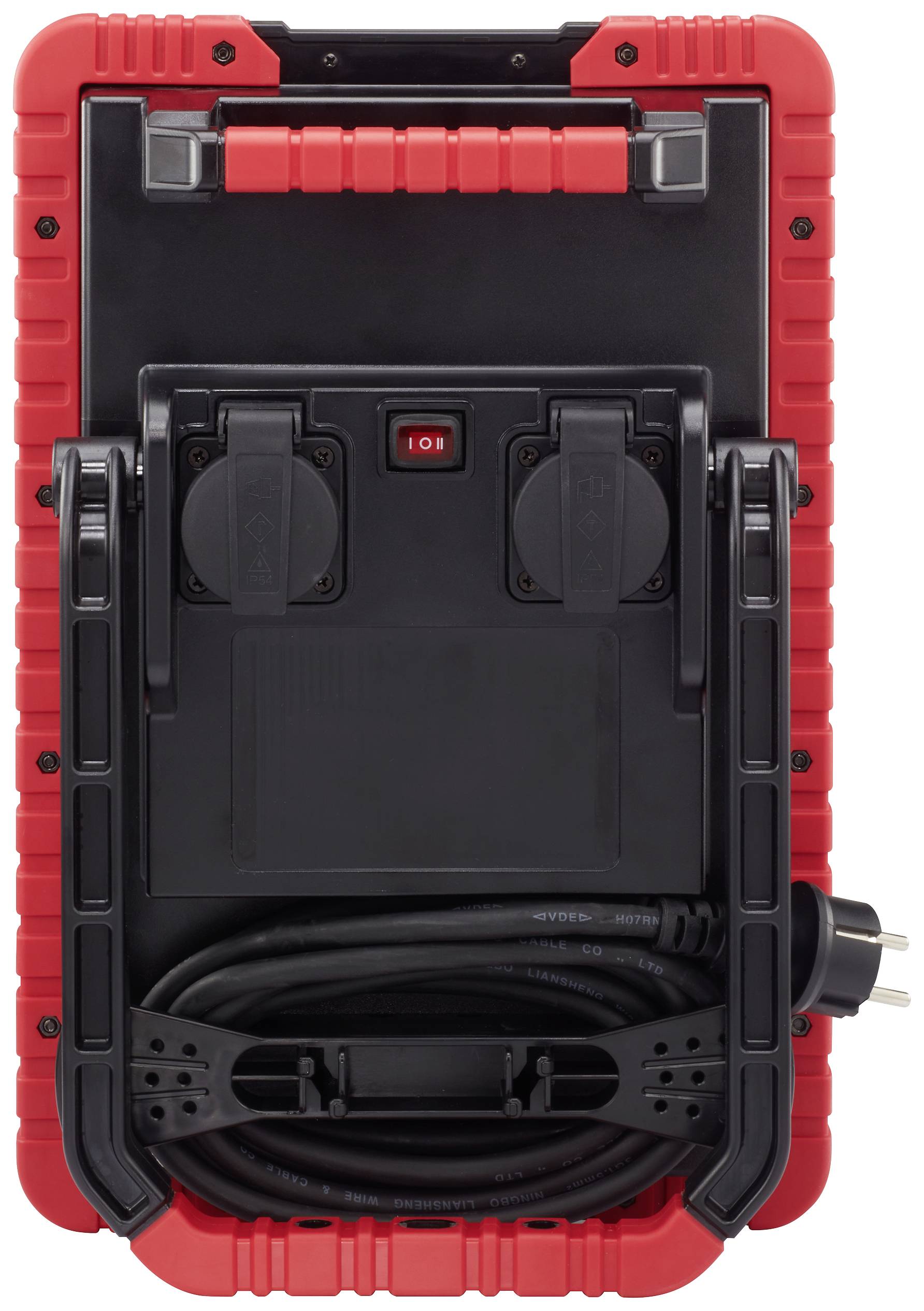 Red and black portable charger with handle, power outlets, switch, and coiled power cable.