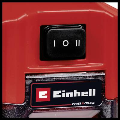 Switch on red Einhell device with settings 'I', '0', 'II'. Below the Einhell logo and text 'Power X-Change'.