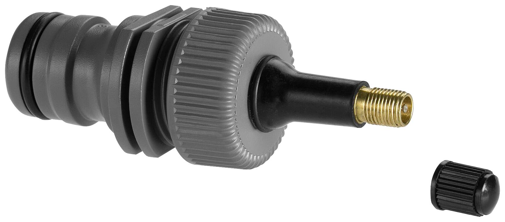An adapter with a thread and cap. The adapter has a grey knurled surface and a golden finish.