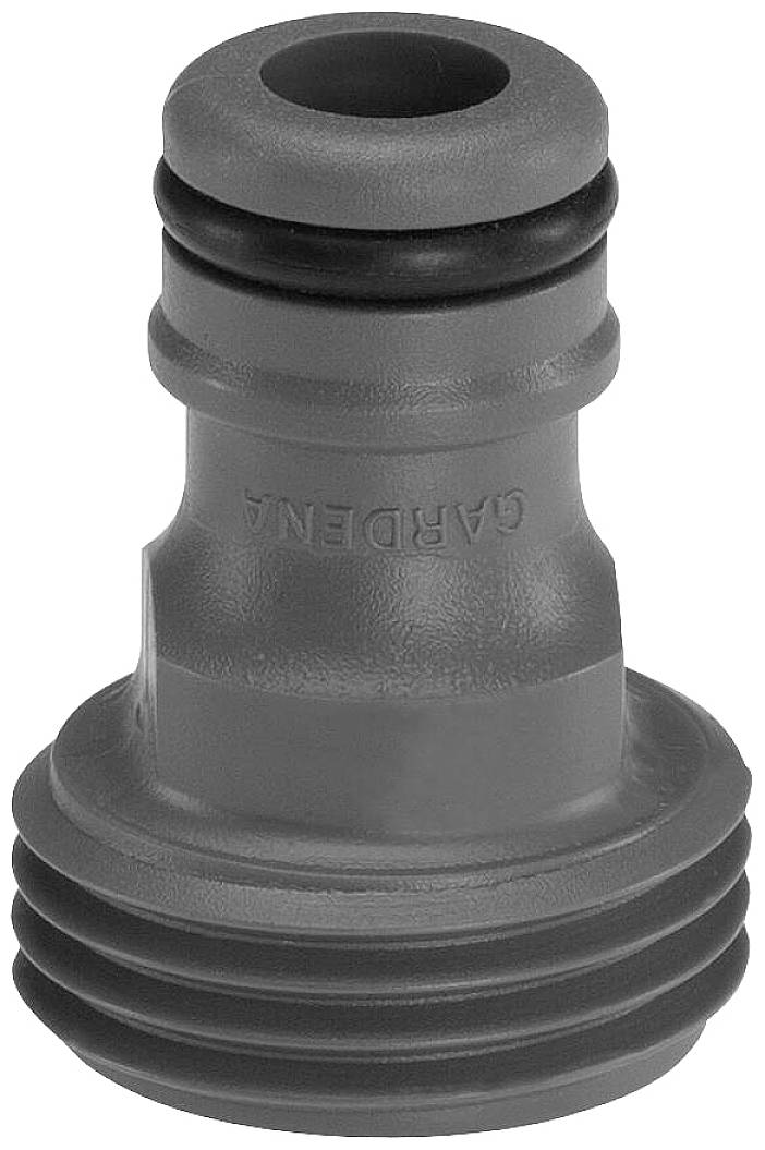 Grey Gardena plastic hose connector with ribbed design and rubber seal, used for connecting garden hoses.