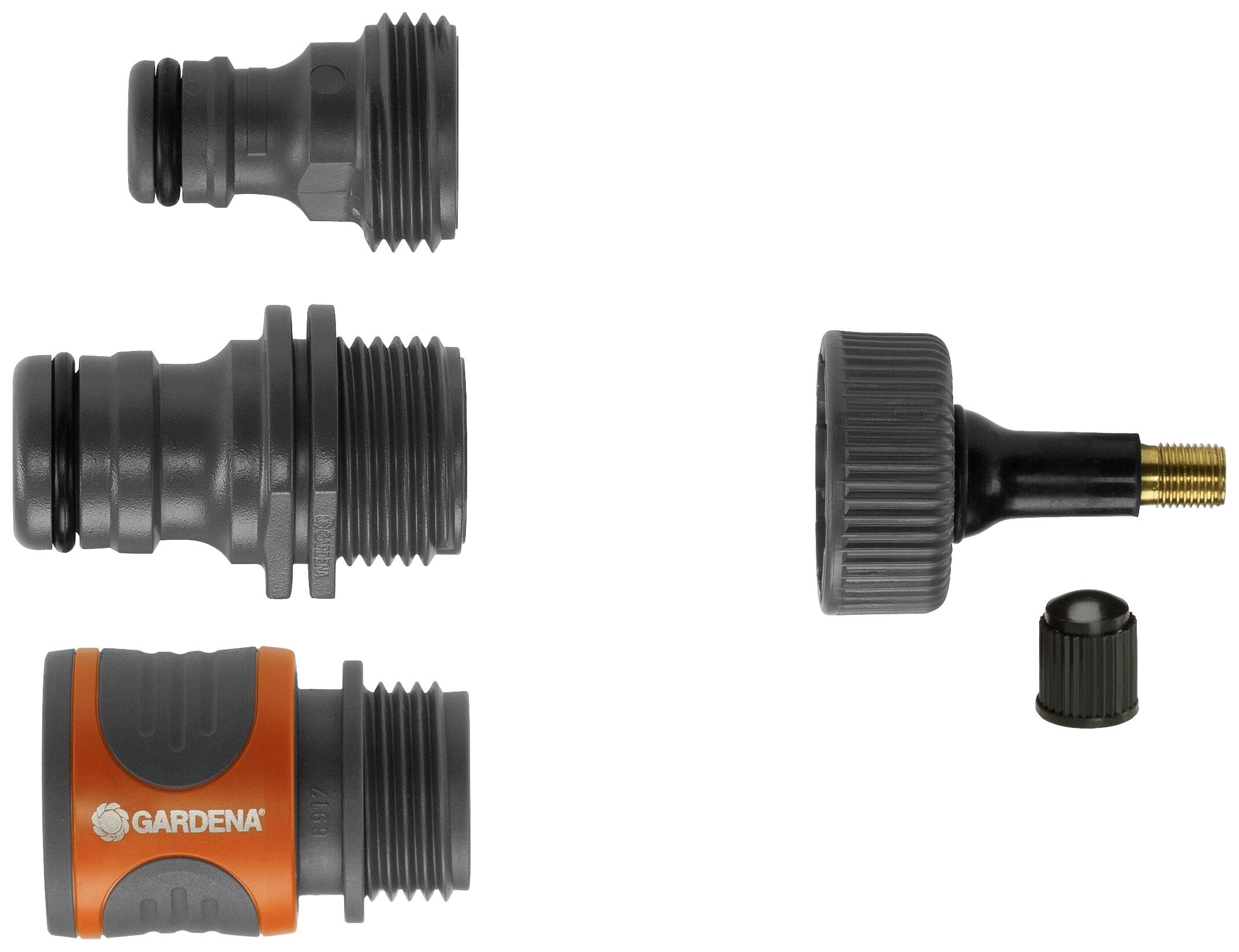 Three black, interchangeable garden hose adapters of different sizes next to a screw adapter with a printed 'GARDENA' logo.