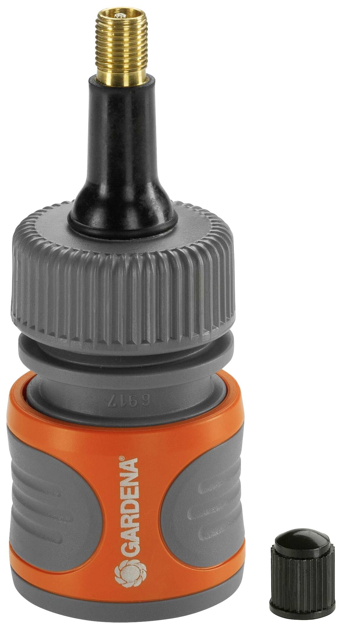 Garden hose connector by GARDENA, consisting of a grey plastic housing with orange accents and a screw closure.
