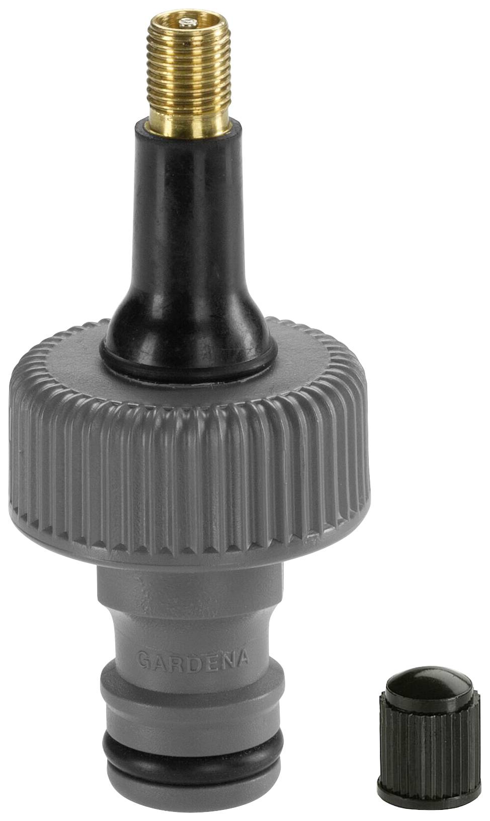A grey hose adapter with a brass connection at the top, alongside a black protective cap on the right for covering.