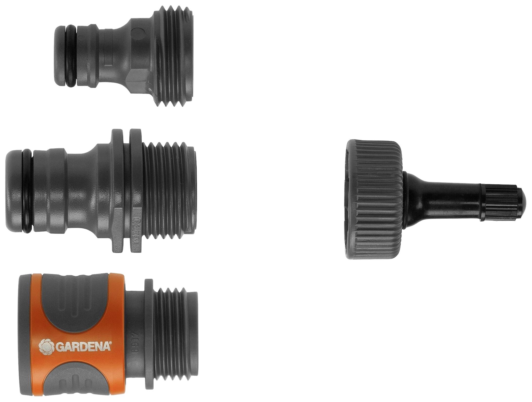 'Three black push-fit couplings and a grey adapter in varying sizes; one coupling is marked orange with 'GARDENA'.'