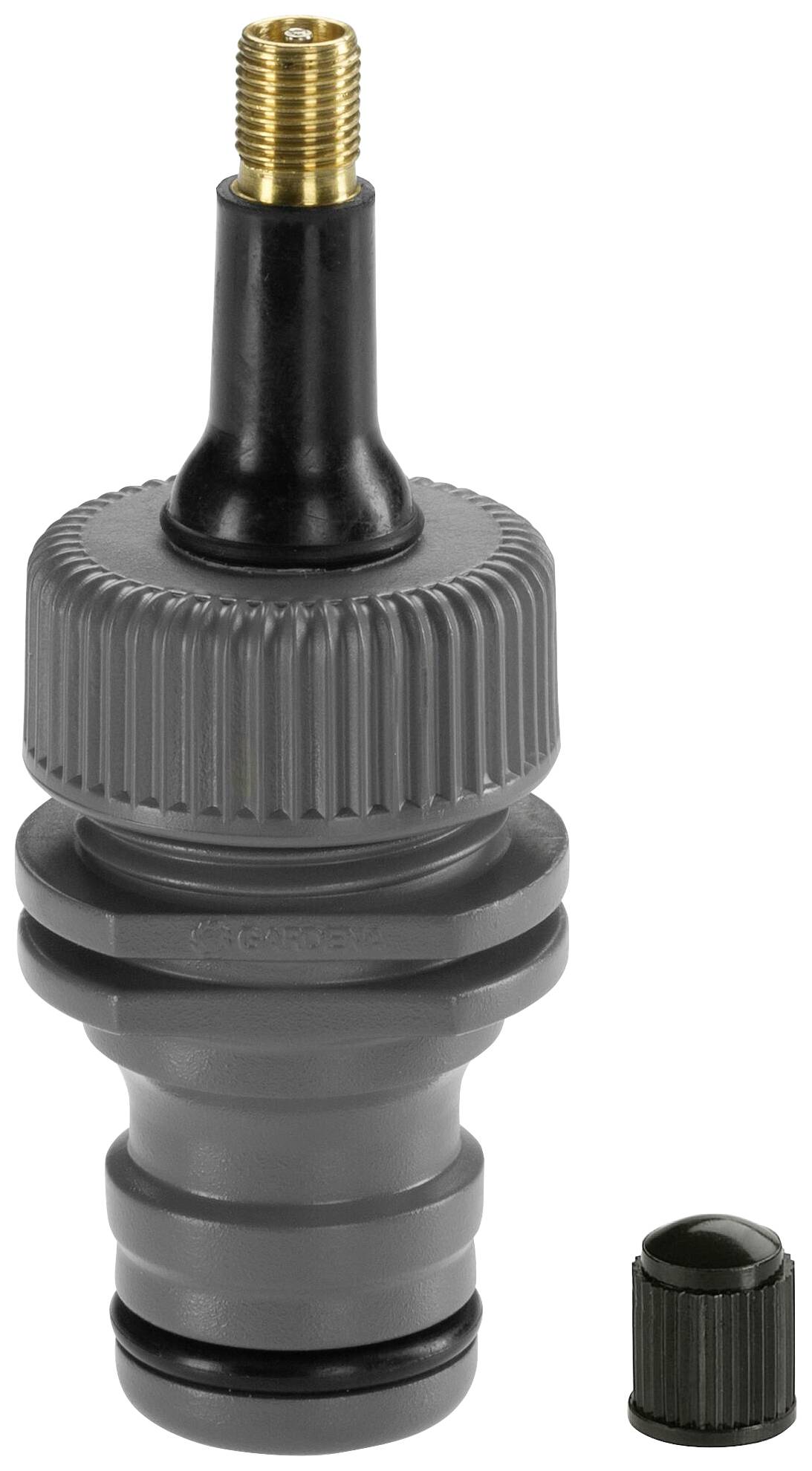 A grey Gardena tap connector with a black valve and a golden connection. A small black cap lies beside it.