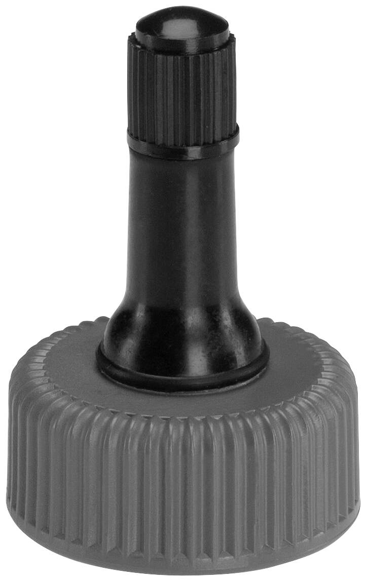 Grey, ridged screw lid with a black, oblong dispenser in the centre. Used for precisely dispensing liquids.