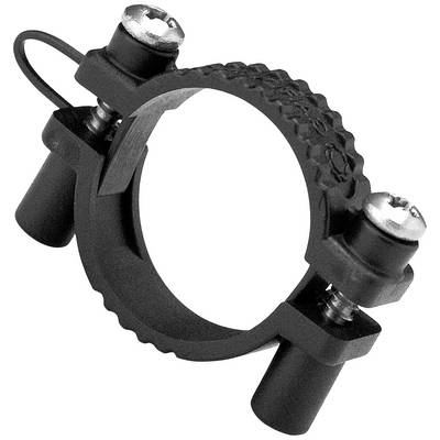 A black hose clamp with screws for fastening. It is used to securely fix pipes in machines or devices.