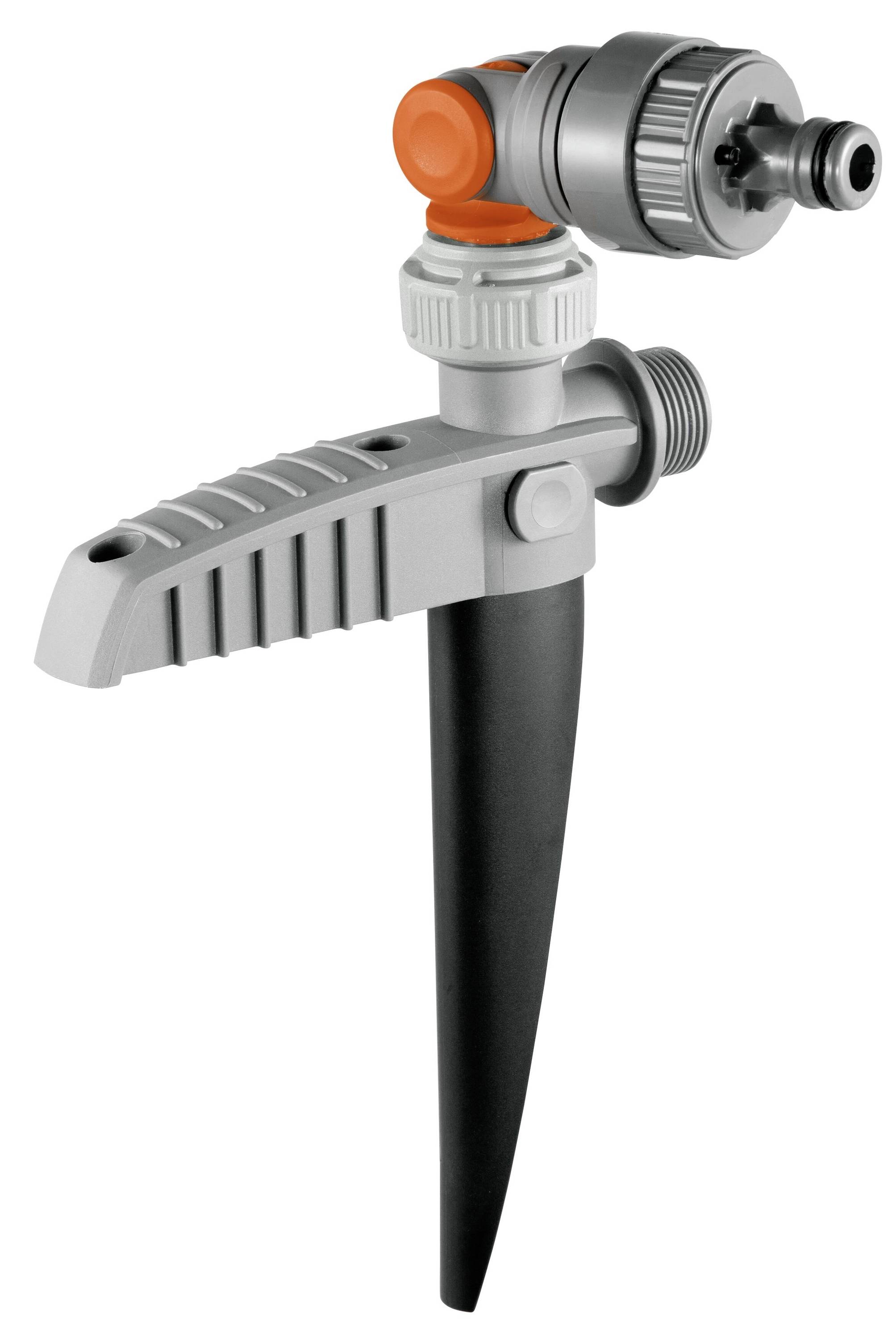 A plastic garden sprinkler with a ground spike, spray head, and hose connection. Suitable for watering garden areas.