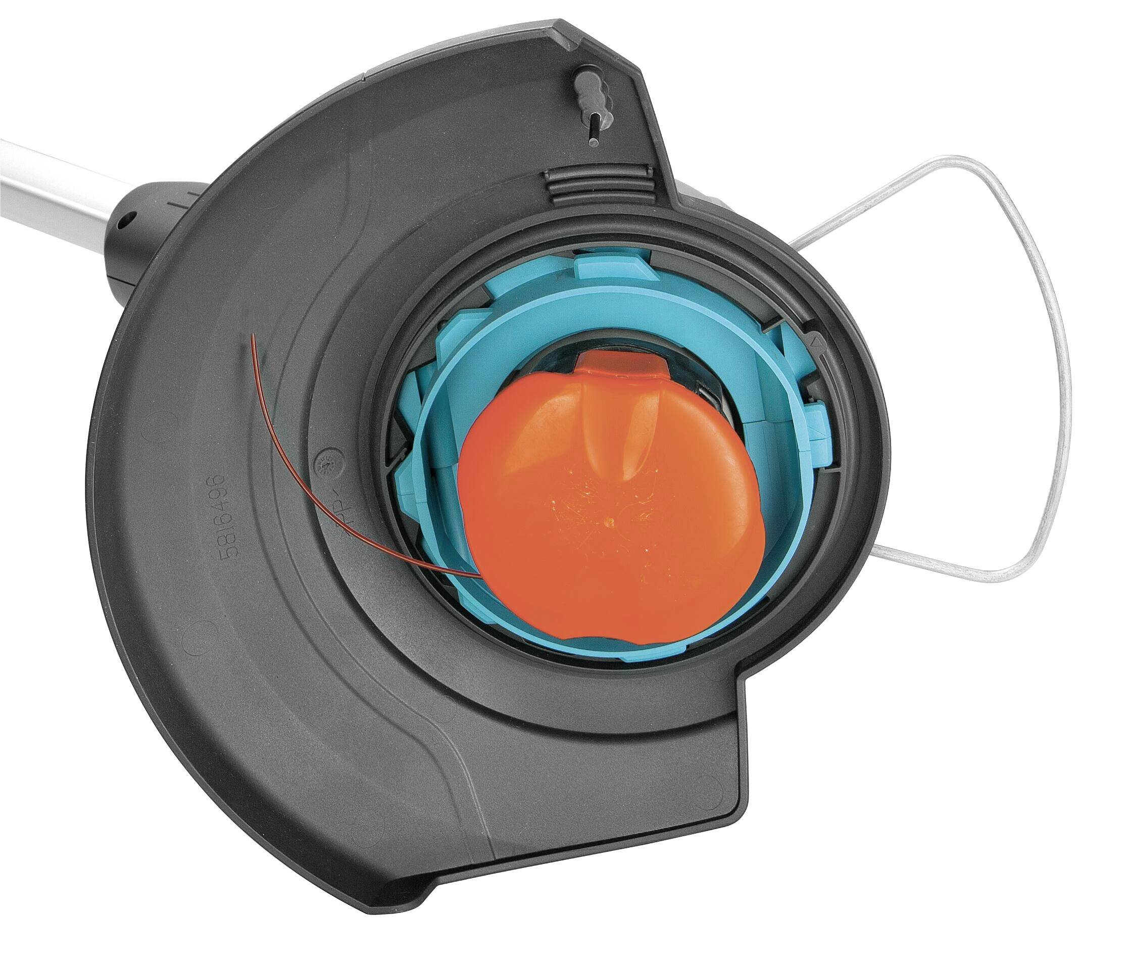 Round trimmer head with a blue cover and orange centre; a red line for lawn trimming is attached to it.