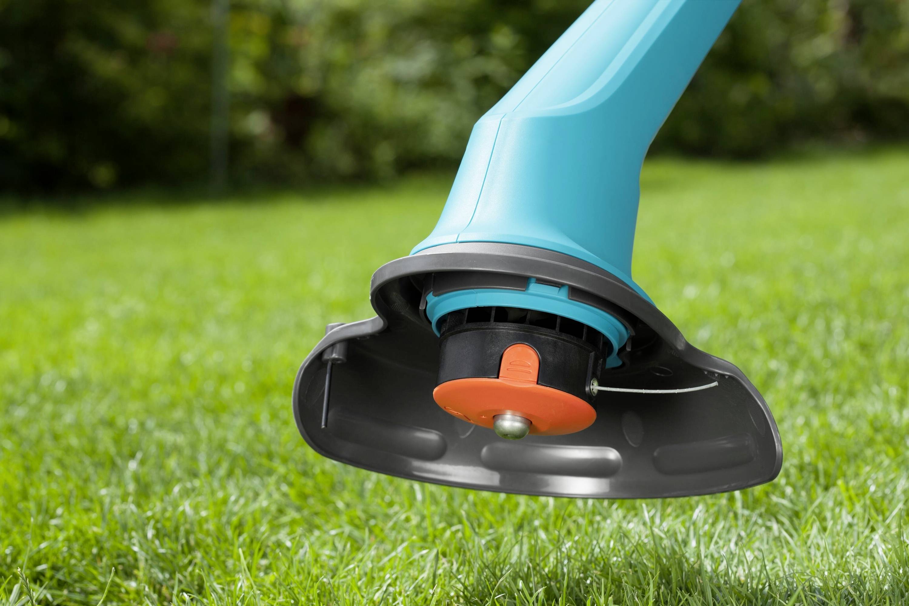 A close-up of a lawn trimmer hovering over dense, green grass. The trimmer has a blue shaft and a grey guard.