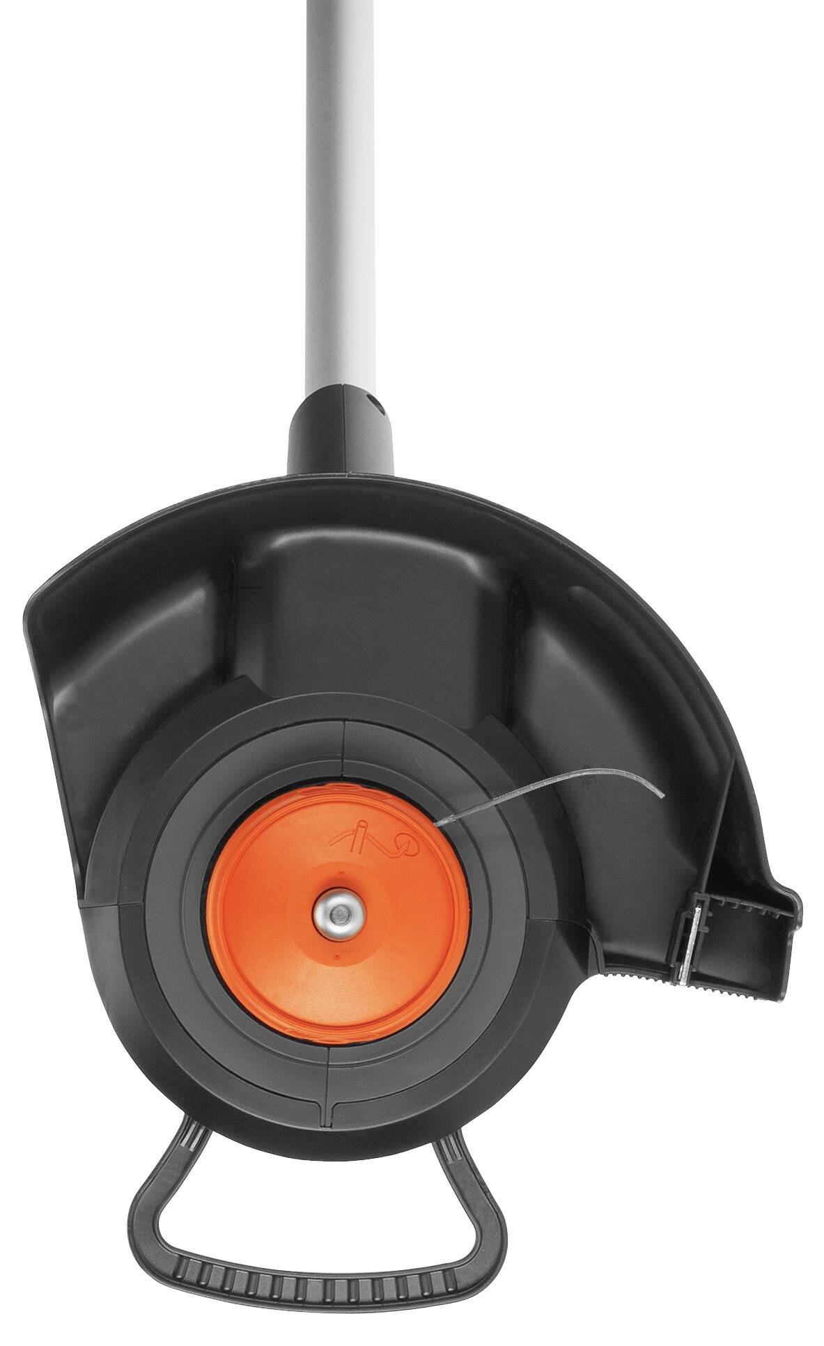 A lawn trimmer head with an orange central section and protective housing. The cutting thread is visible.