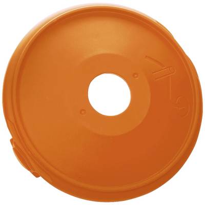 An orange, round plastic lid with a central hole and an embossed line and arrow indicating the direction.