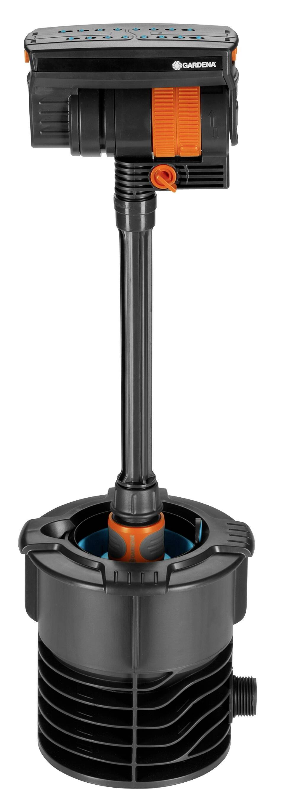 A vertical garden irrigation device with a robust housing and orange accents, suitable for automatic water circulation.