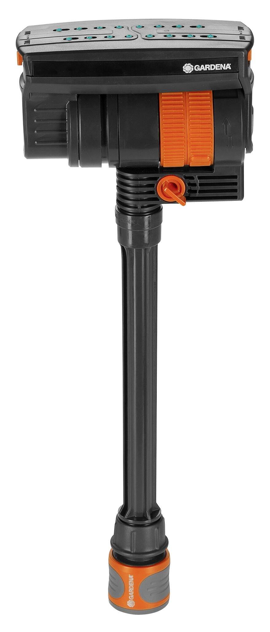 A garden irrigation device with black and orange components, manufactured by Gardena, for flexible water droplet settings.