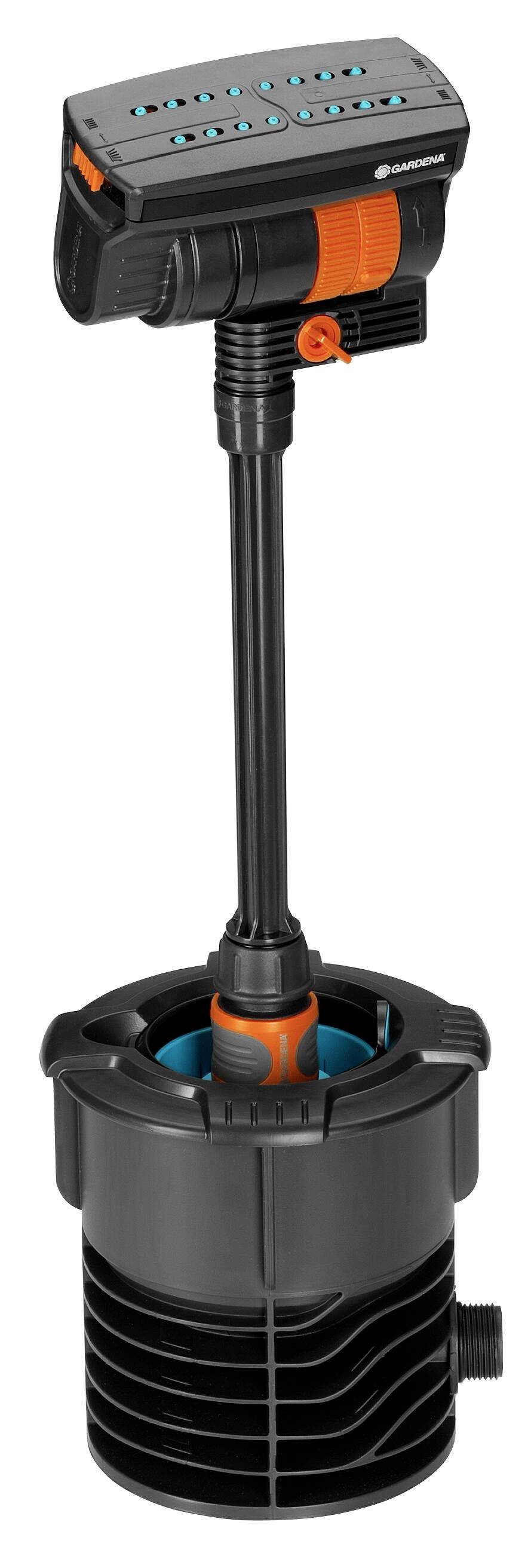 Water filtration system with electronic control, black casing, orange accents.