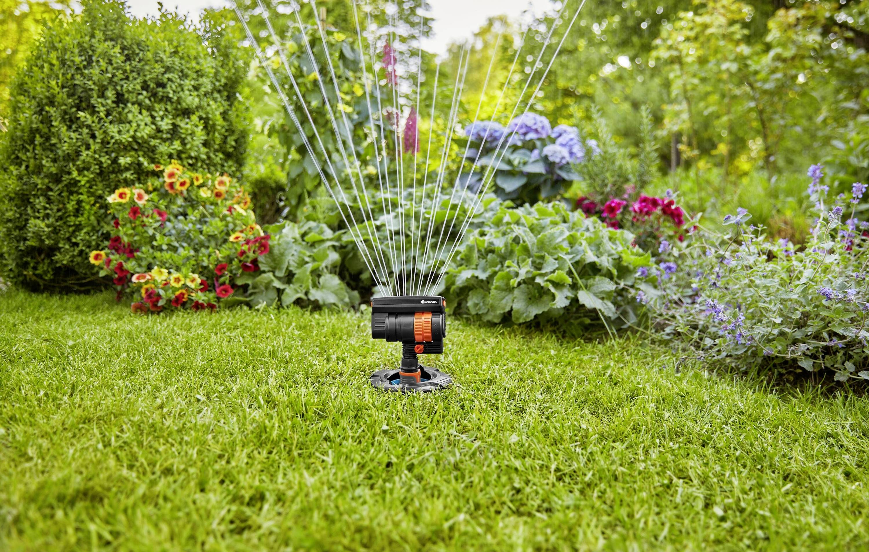 A lawn sprinkler is watering a verdant garden, surrounded by colourful flowers and shrubs beneath a clear sky.