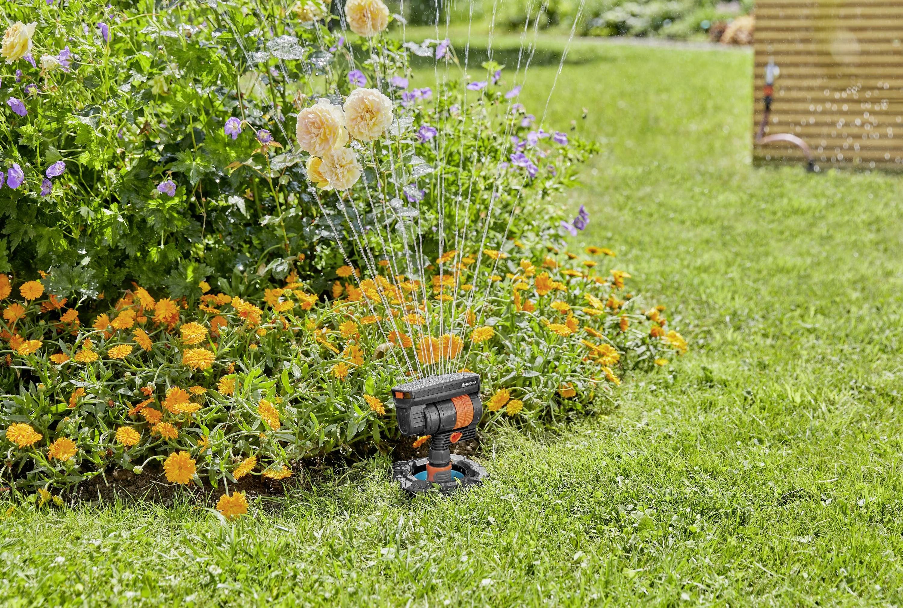 A lawn sprinkler is watering a garden with blooming yellow and orange flowers, surrounded by green grass.
