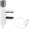 A white handle with a black accent and mounting clip, alongside a white cable with a metal carabiner hook.