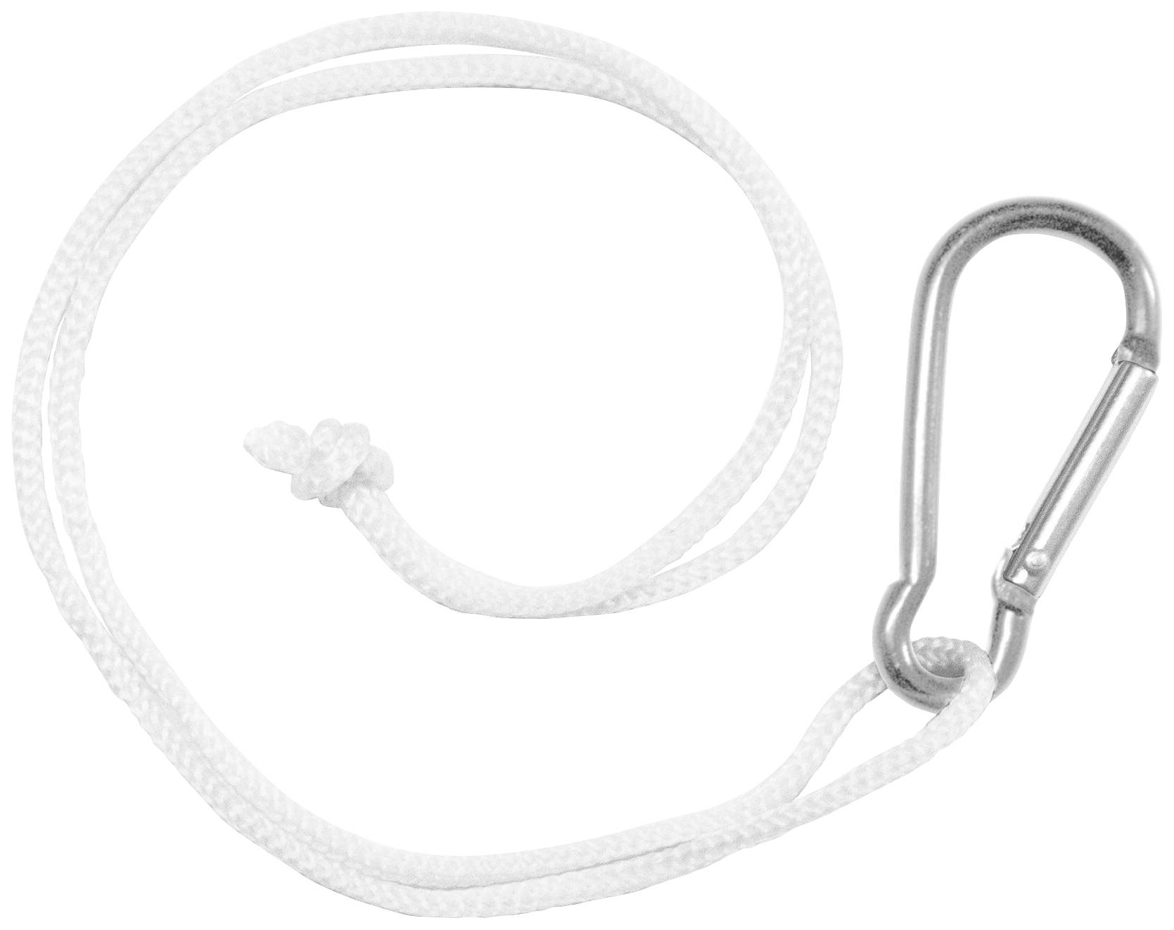 A white rope with a knot at one end and a silver carabiner hook at the other end, on a white background.