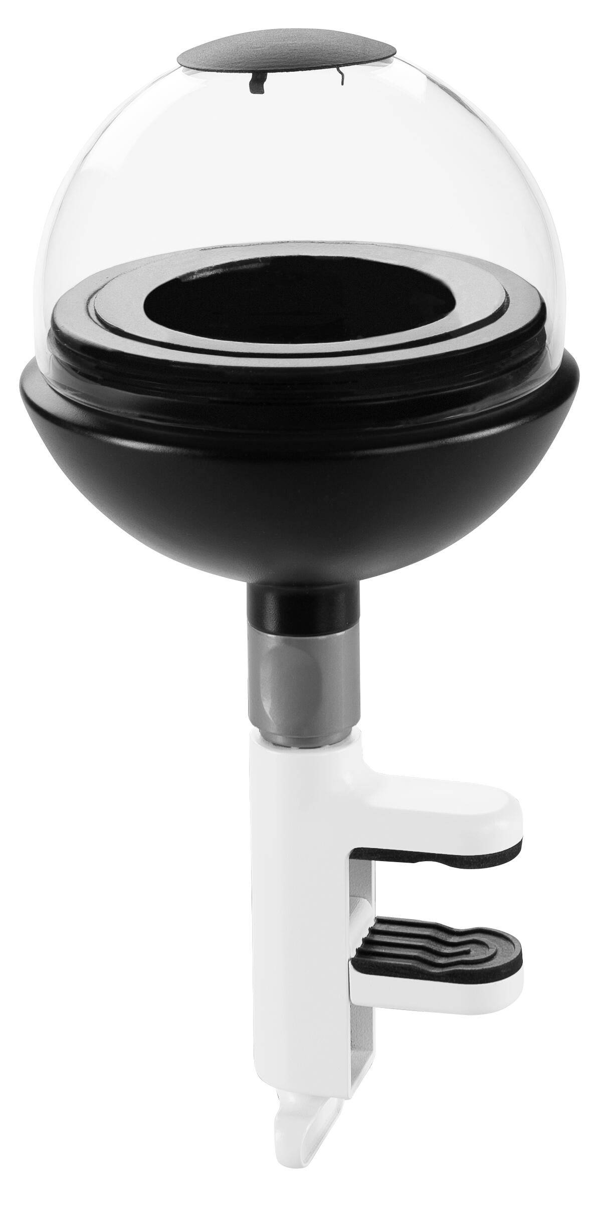 A round, transparent coffee maker with a black base and white handle that can be attached to table edges.