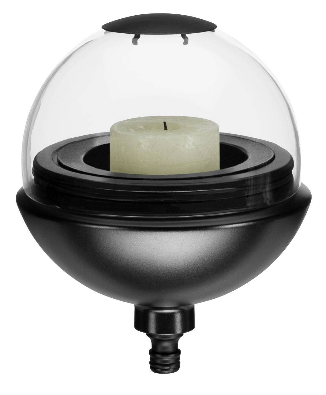 Floating candle holder with a transparent protective cover, black base, holding a cream-coloured candle. Suitable for outdoor use.