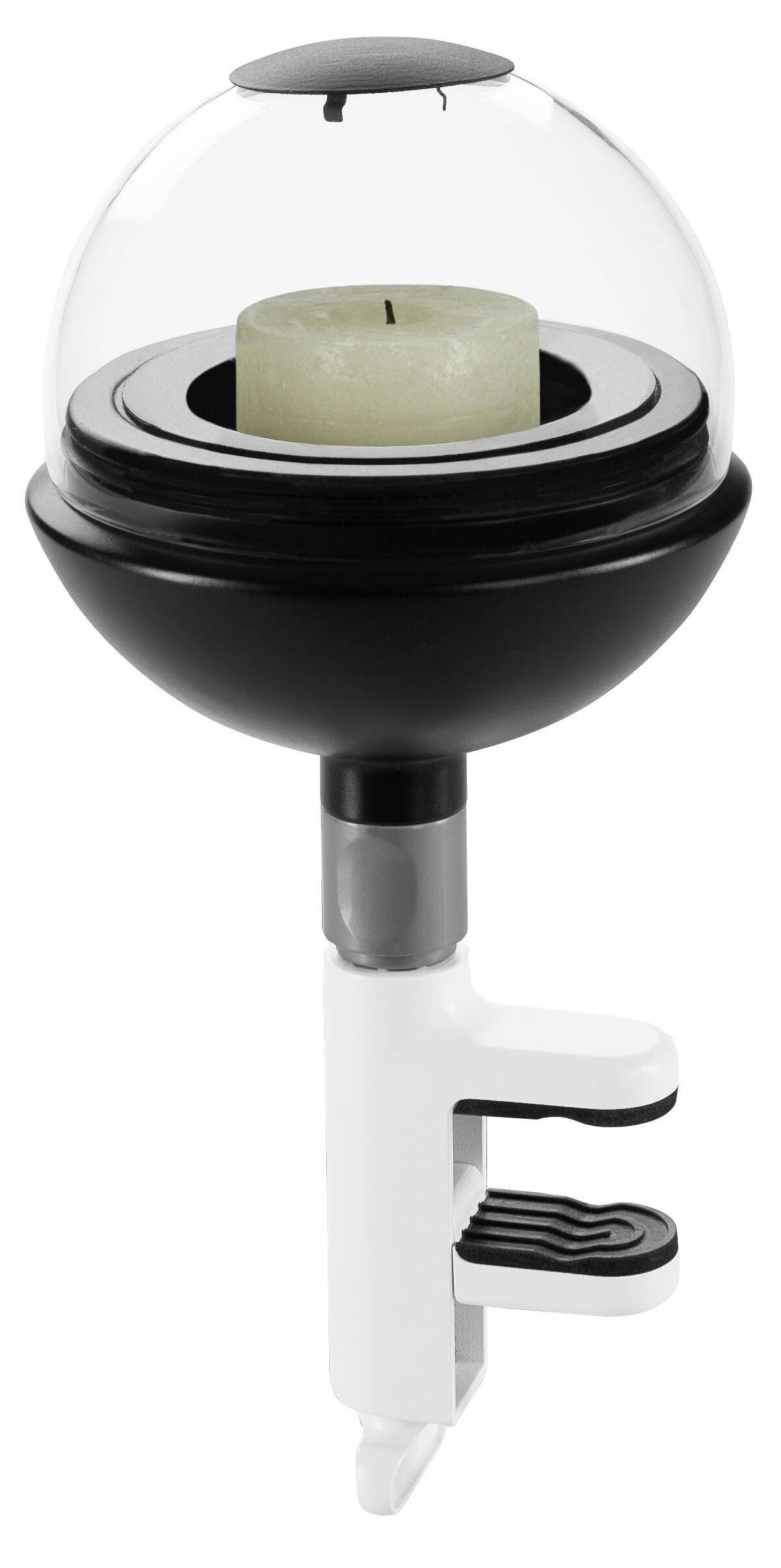 A white and black candlestick with a transparent lid and a clamp for attaching to a table. Contains a small candle.