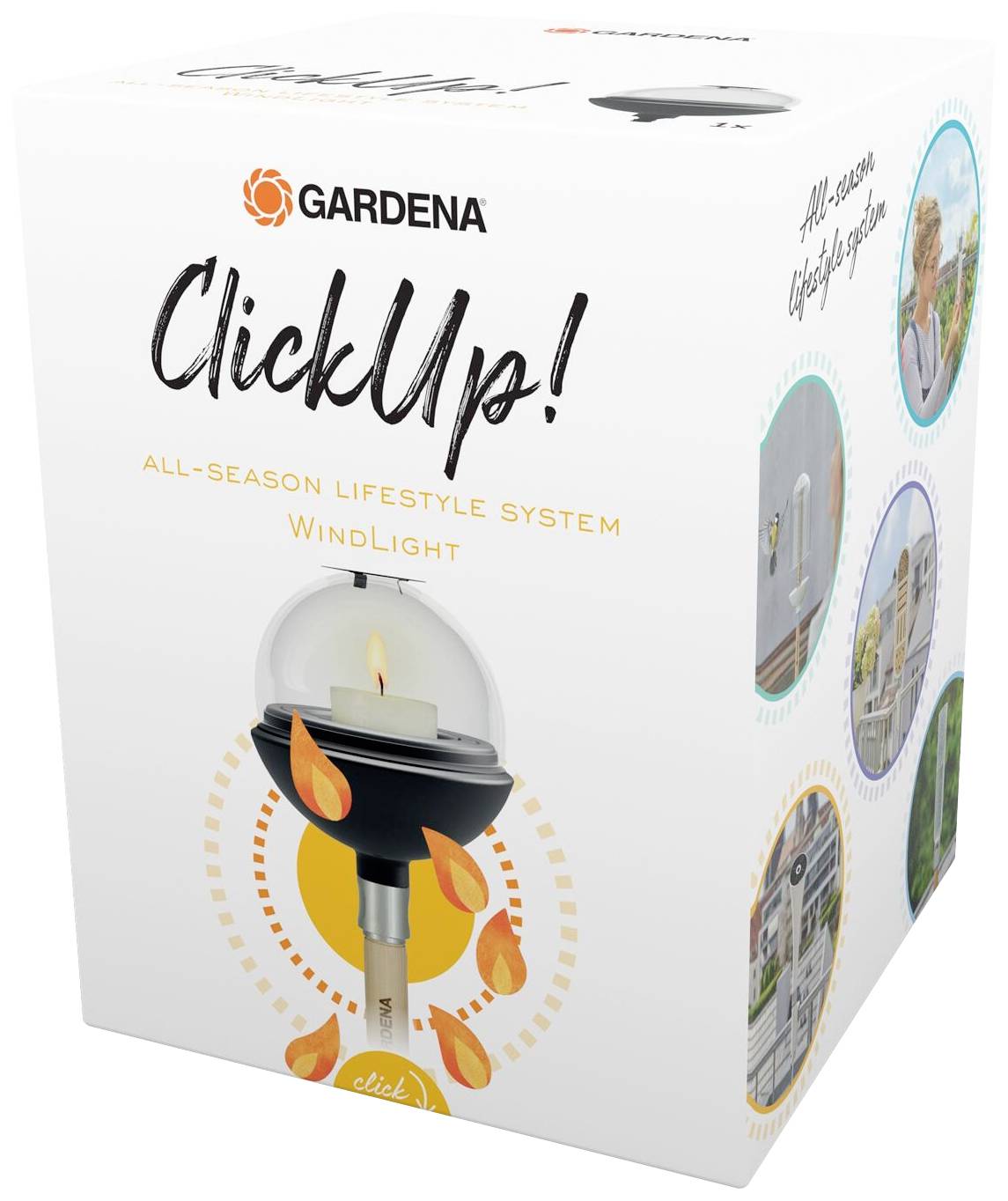 Product packaging for 'GARDENA ClickUp! WindLight', a lighting system for all seasons. Includes images showing application examples.