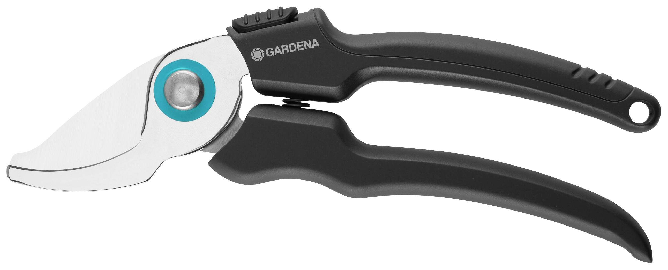 A black and silver Gardena garden secateurs with an ergonomic handle, suitable for cutting branches and flowers.