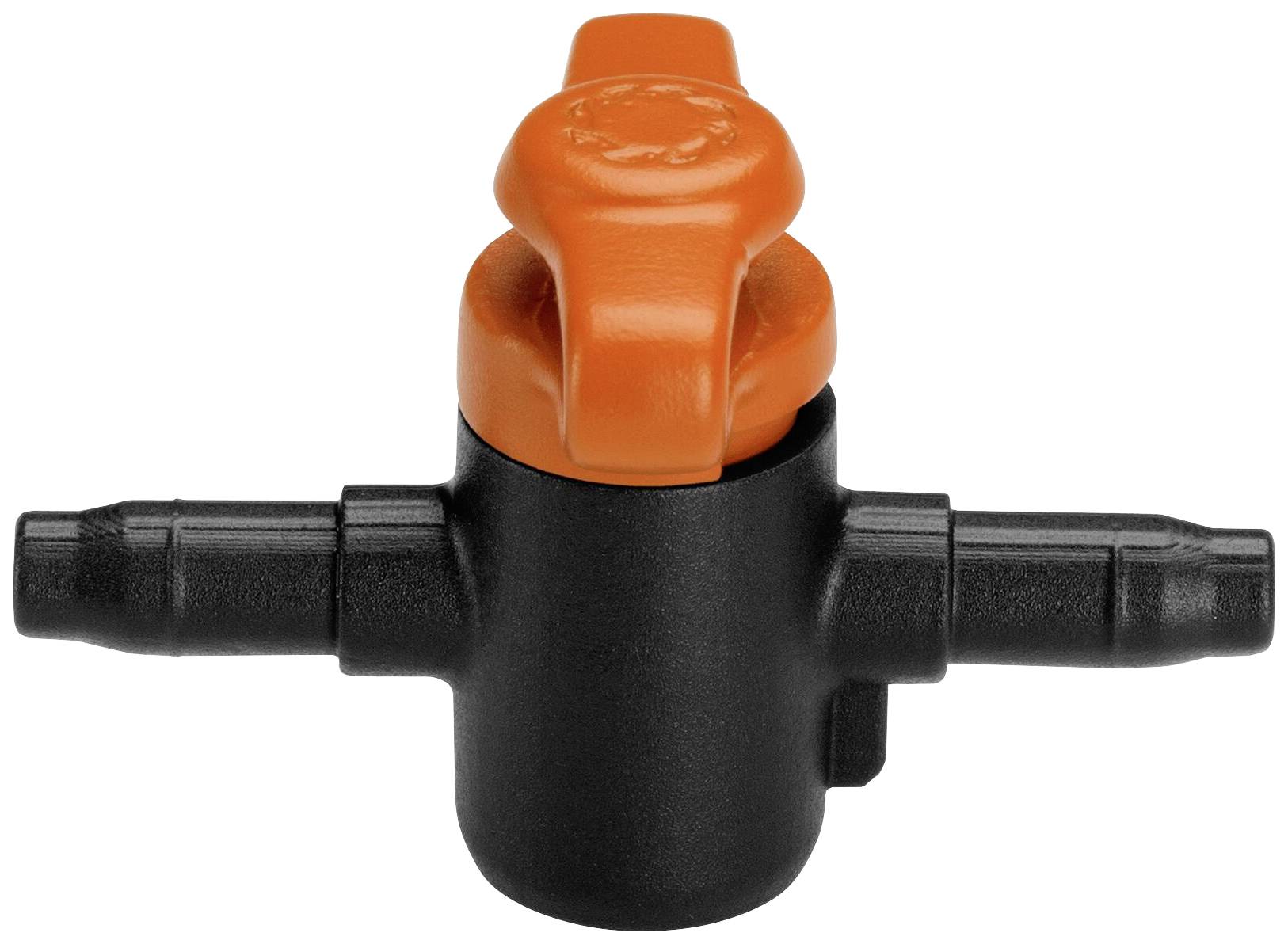 Black plastic stopcock with an orange rotary handle in the centre, suitable for connecting two hoses.