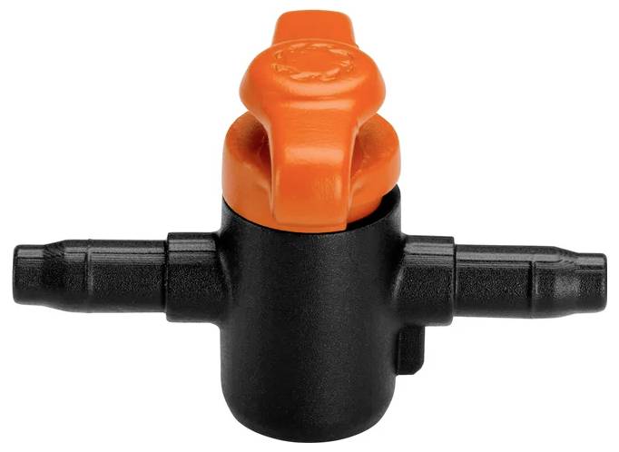 A black inline valve with an orange handle used for controlling fluid flow, featuring barbed connections on either end.