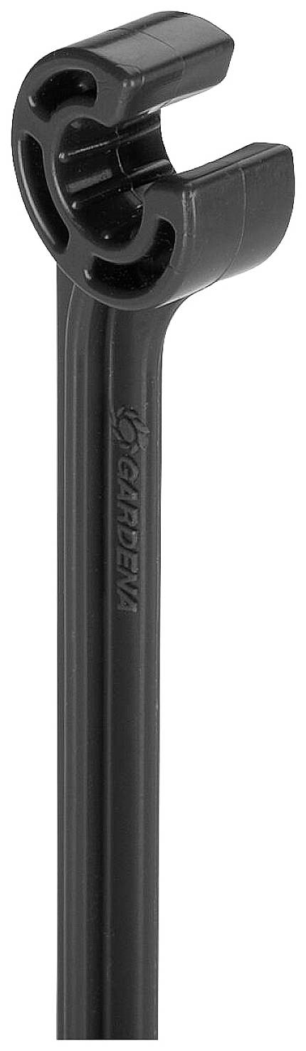 Long, black plastic mounting rod with a ribbed holder at the top. 'Gardena' brand name on the side of the rod.