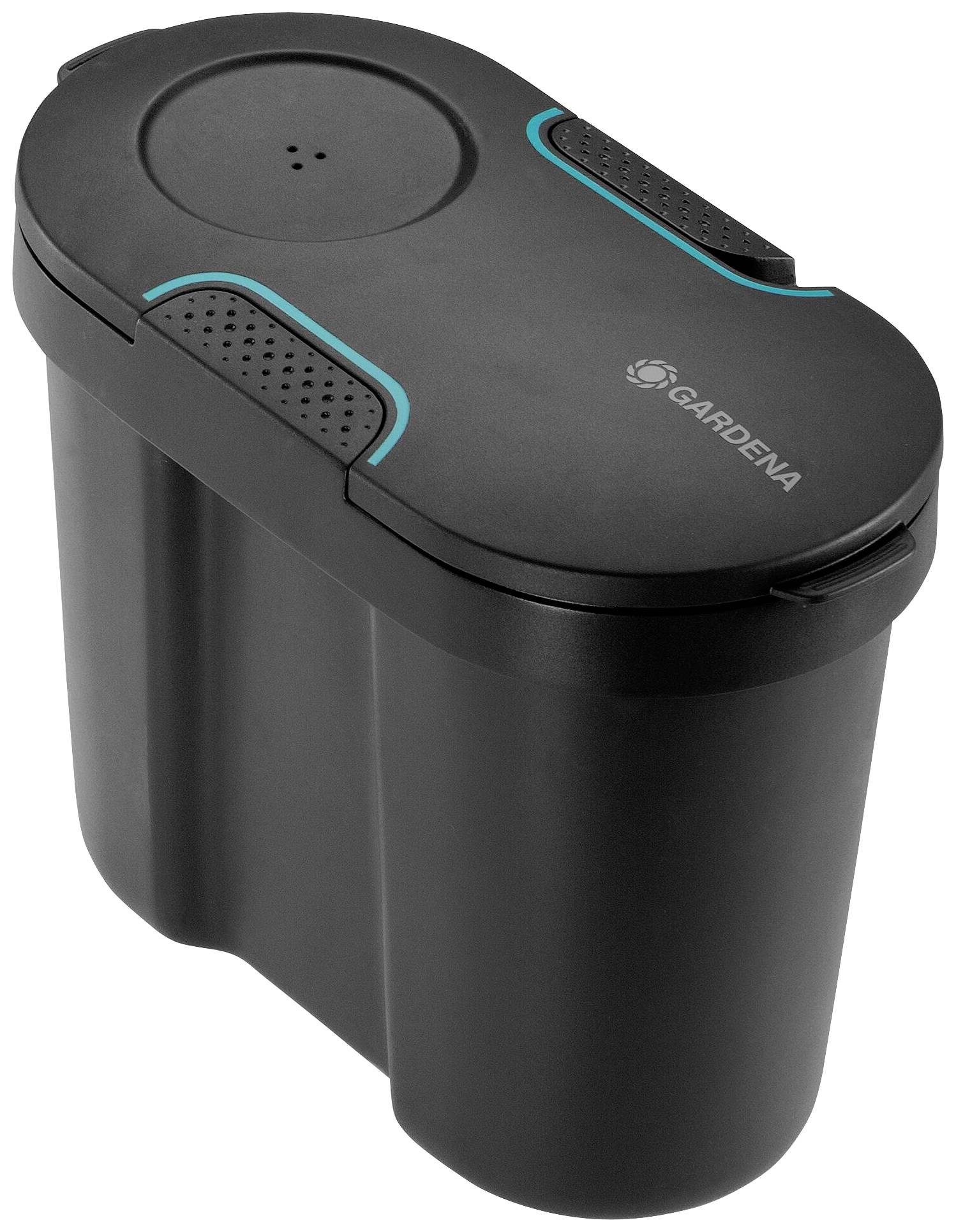 A black, rectangular plastic container with rounded corners and a blue and grey lid. The brand name 'Gardena' is printed on the side.