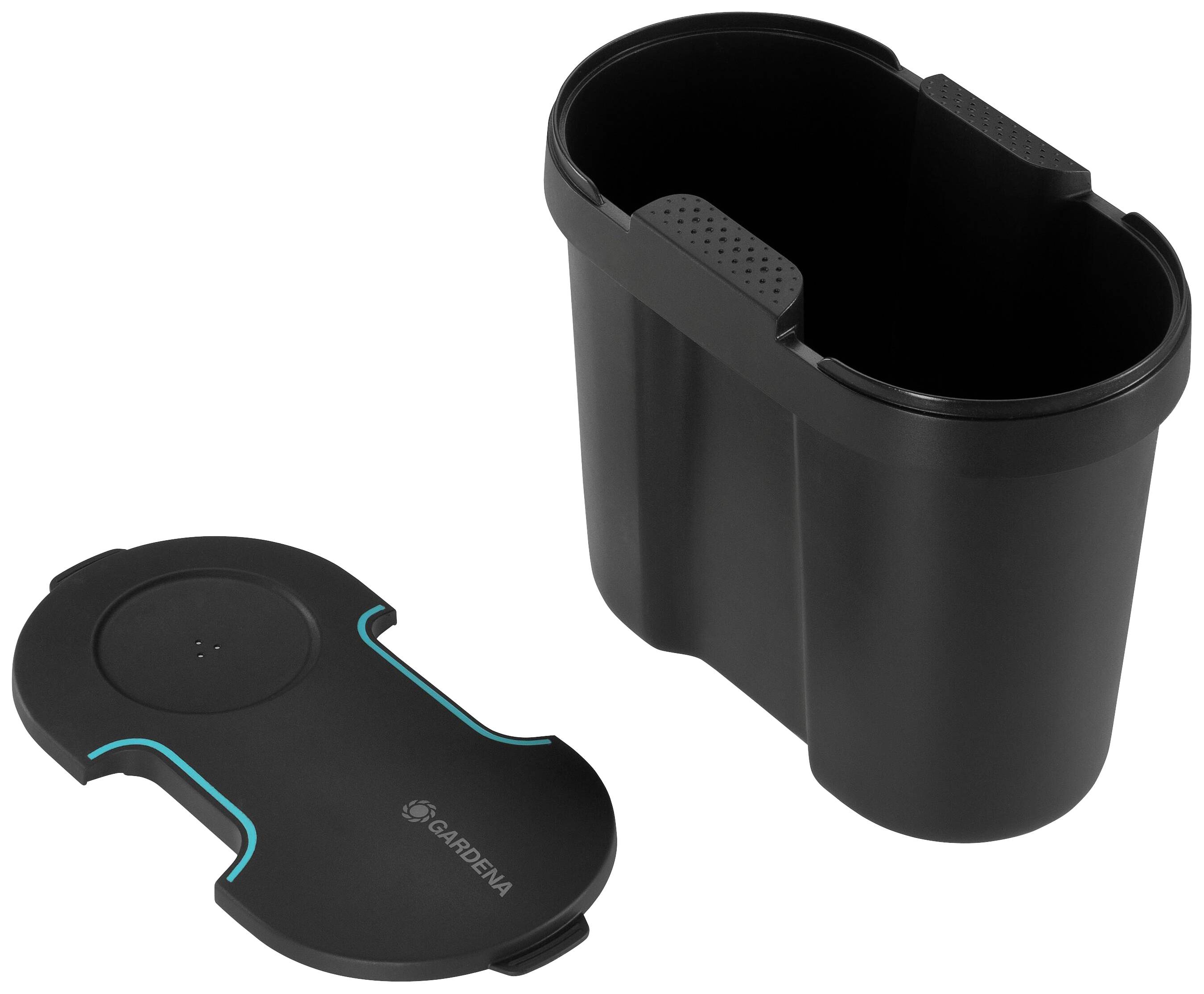 Black plastic container with a removable lid. Both parts are oval-shaped. The container has a perforated surface on one side.