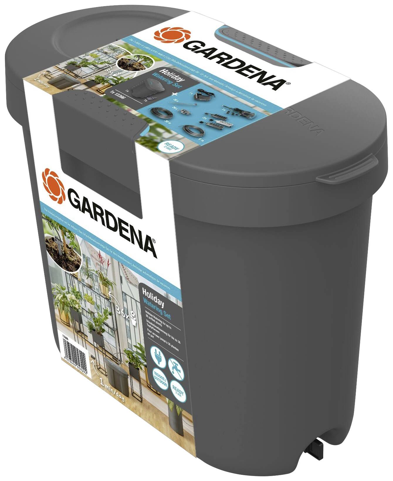 Grey GARDENA irrigation container with a colourful label, featuring plant motifs and information about the "Holiday" watering system.