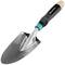 Metal hand trowel with an ergonomic handle, suitable for gardening tasks.