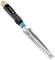 A slender, silver weed remover with a black handle and turquoise accent, suitable for precise gardening tasks.