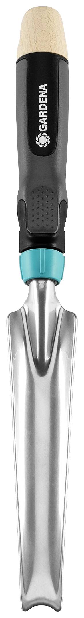 A silver gardening tool with a wooden and plastic handle, possibly suitable for planting or repotting.