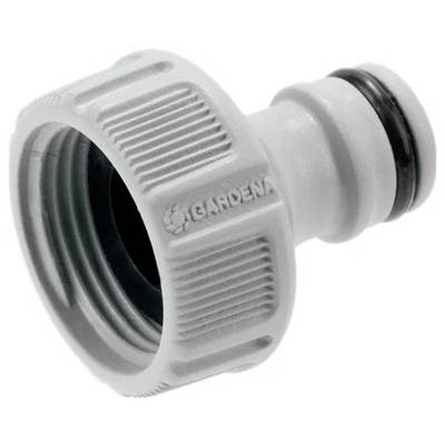 A grey garden hose connector by Gardena, with thread and sealing ring, for connecting hoses and water sources.