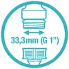 A circular symbol shows a tap connection with a width of '33.3 mm (G 1")', with arrows indicating the measurement direction.