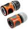 Two orange and black Gardena hose connectors, one marked with 'STOP', for connecting garden hoses.