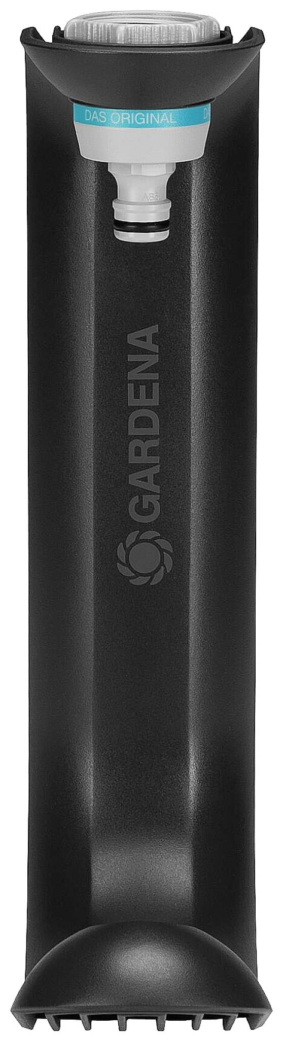 Black Gardena lawn sprinkler with grey connection at the top.